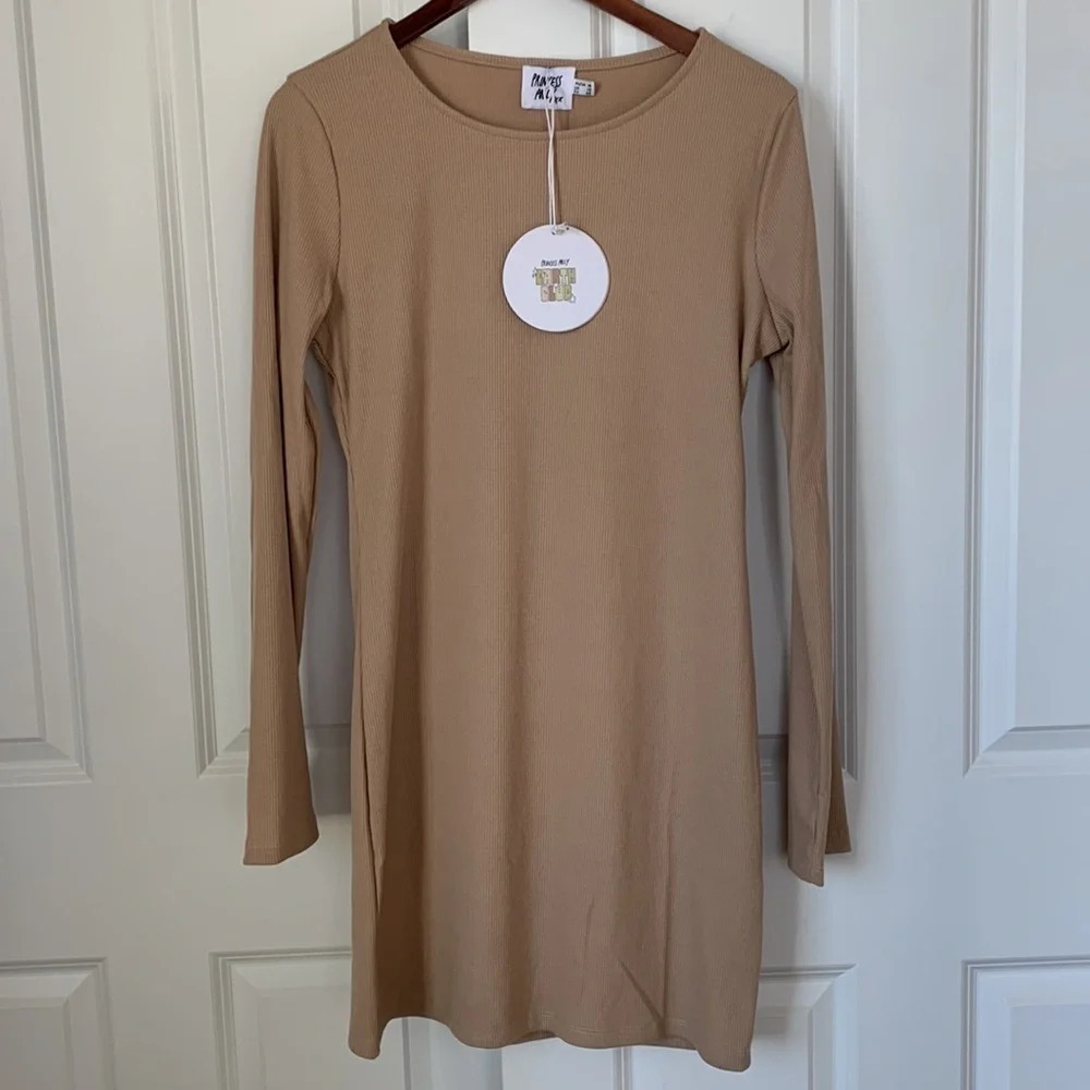Princess Polly DEAR JANE MINI Ribbed Body Con DRESS BEIGE long sleeve Size 12 - Picture 3 of 10